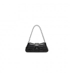 Women's Balenciaga Lindsay Small Strap Crocodile Embossed Shoulder Bags Black